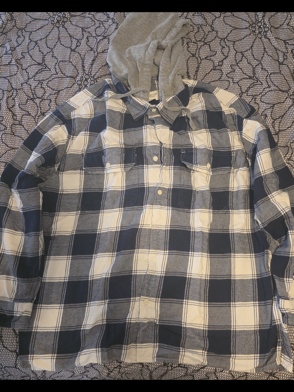 American Eagle Outfitters Navy and White Plaid Button-Down Shirt with Gray Hood